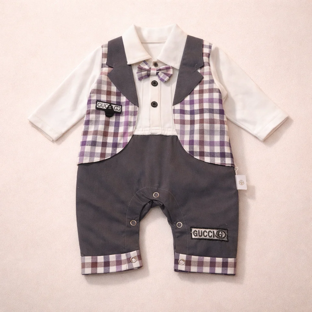Baby Cotton Romper Gucci Check Grey - Sunshine