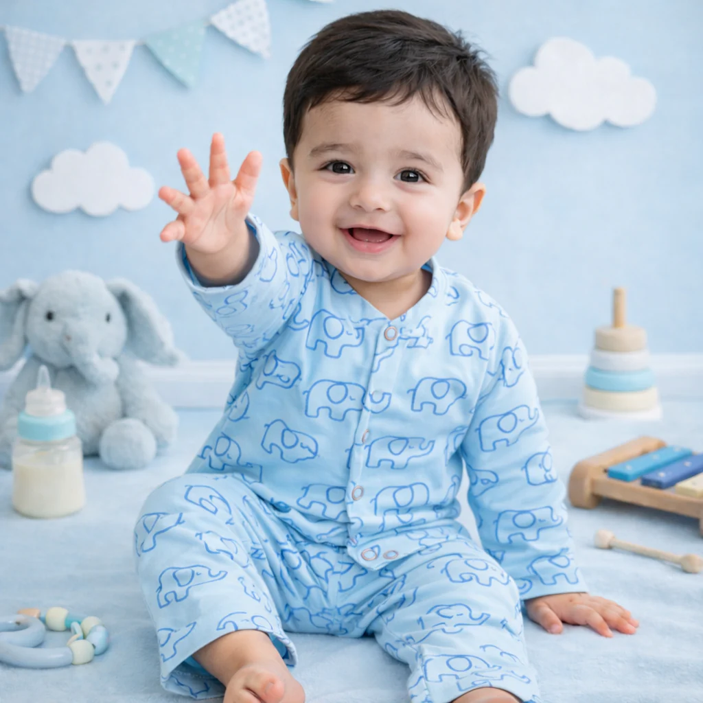 Baby Cotton Sleepsuit Elephants Blue - Sunshine - Image 2