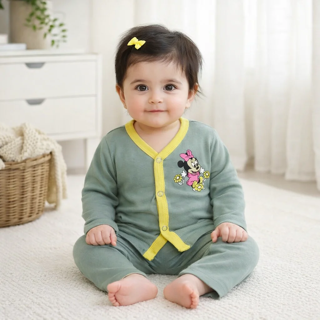 Baby Cotton Sleepsuit Minni Mouse Green - Oolaa - Image 2
