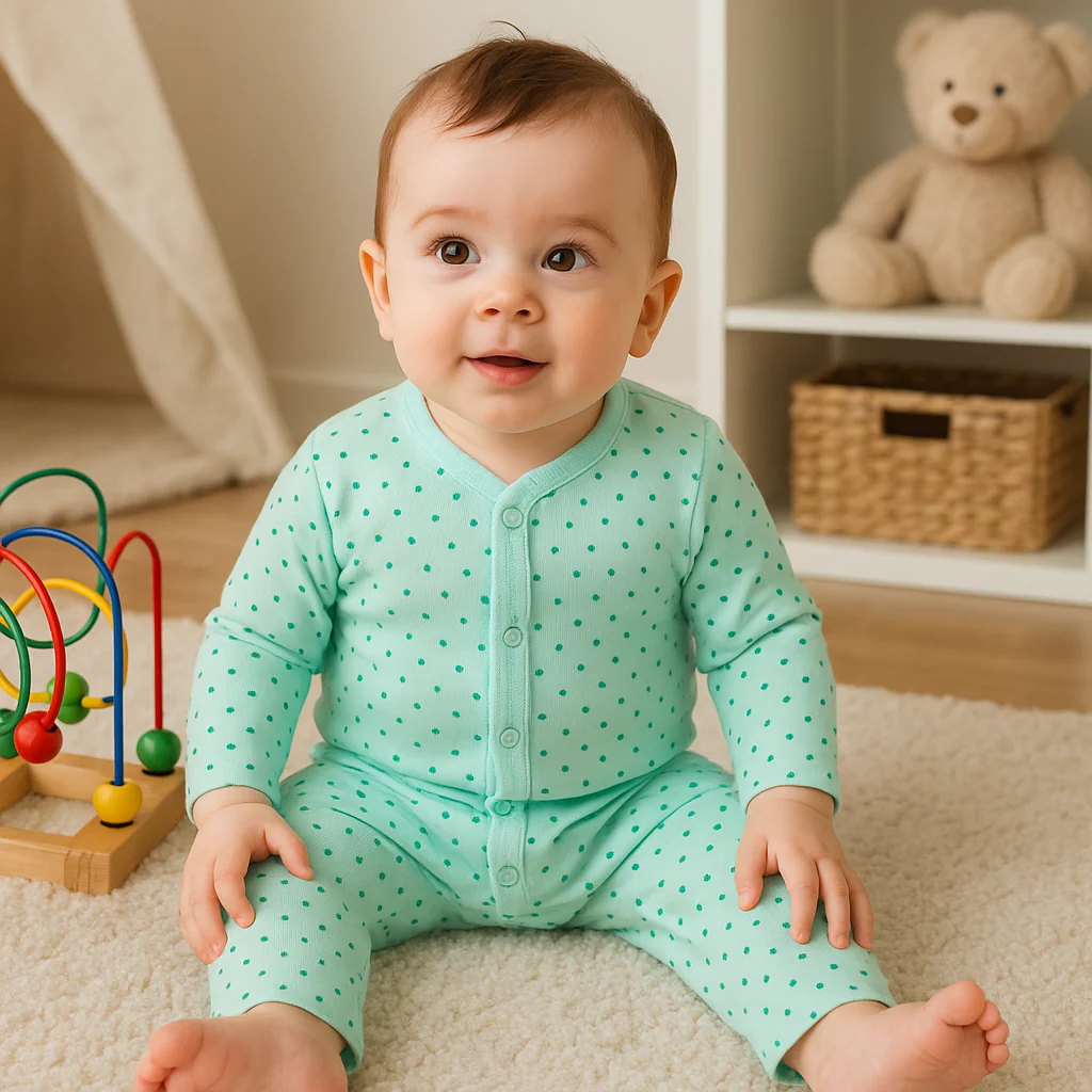 Baby Cotton Sleepsuit Polka Dots Green - Sunshine - Image 2