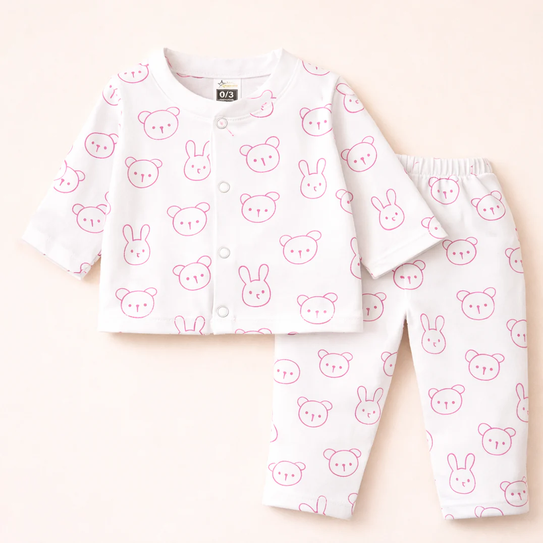 Baby Cotton Sleepsuit Set Bear White - Sunshine