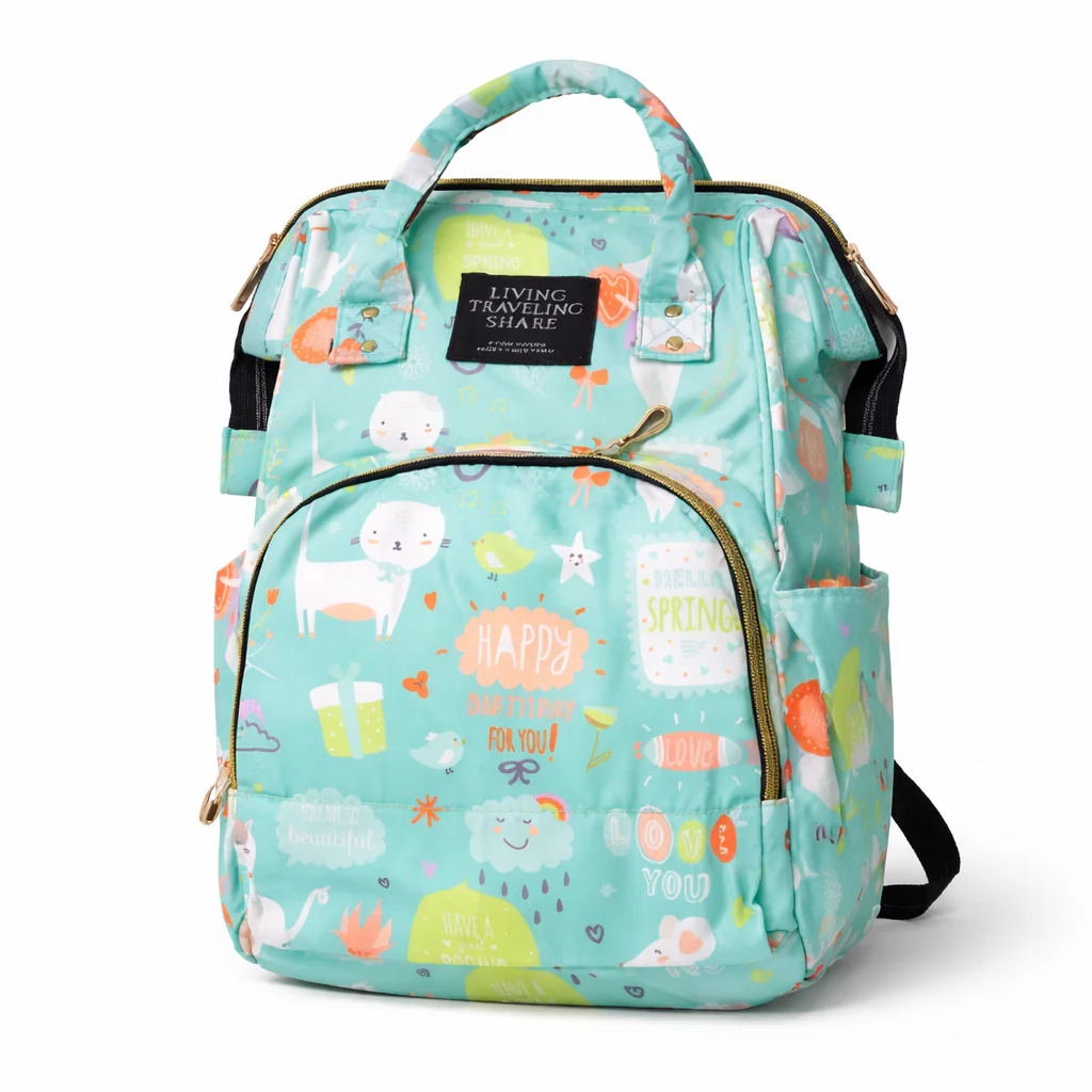Baby Diaper Bag (Waterproof) Happy Animals Sea Green - Momease