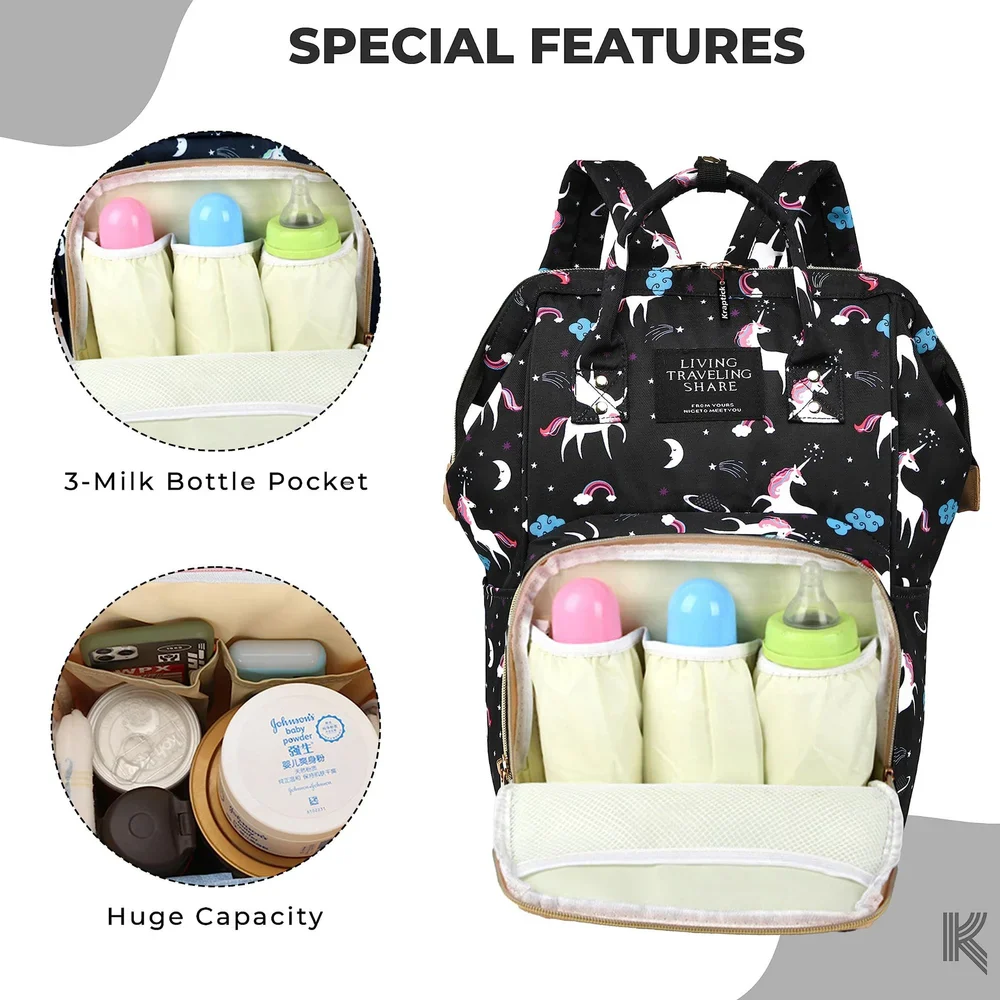 Baby Diaper Bag (Waterproof) Unicorn Black - Momease - Image 3