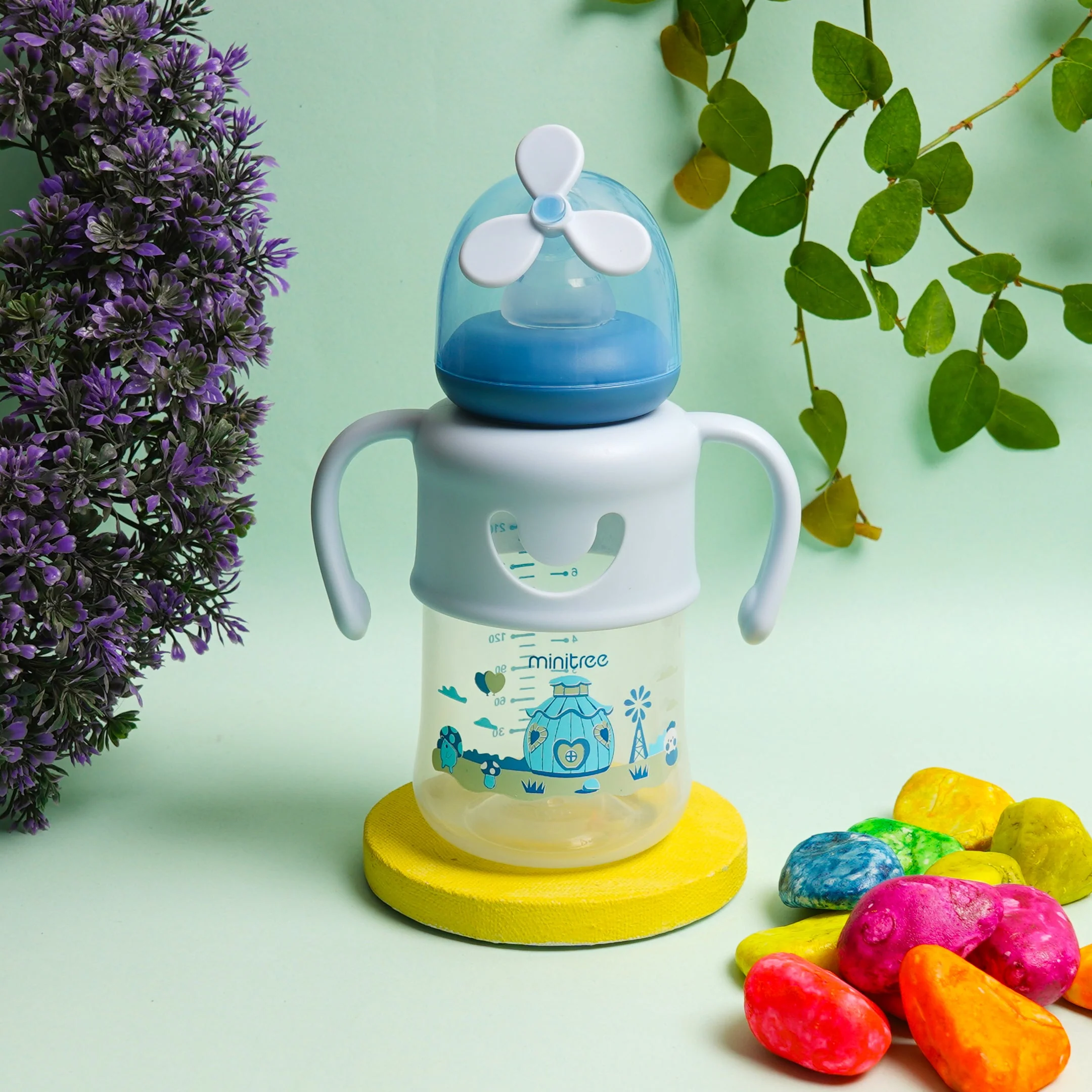 Baby Feeding Bottle Mushroom House Blue 270Ml Mt - Sunshine