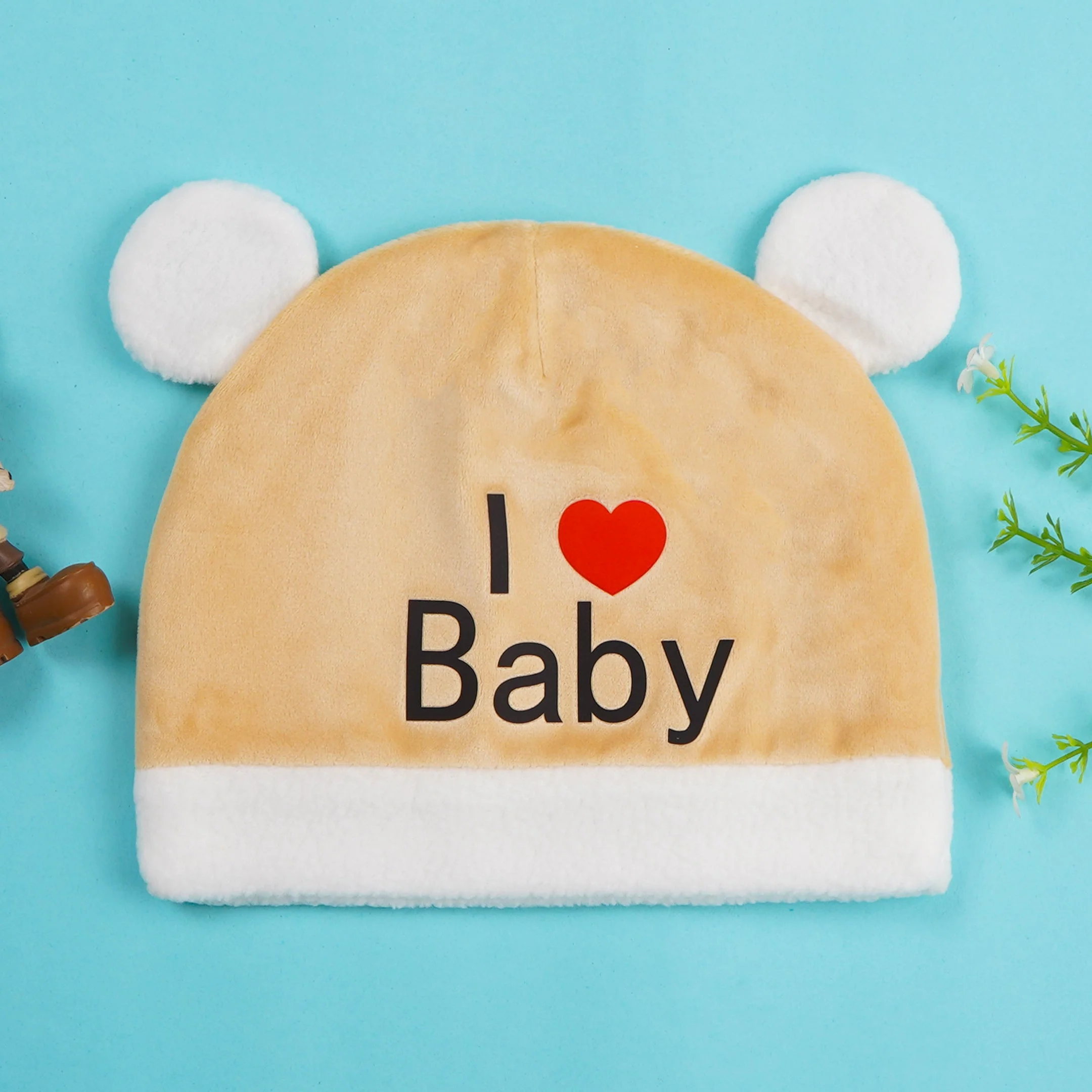 Baby Fleece Cap I Love Baby Bear Beige - Sunshine - Image 2