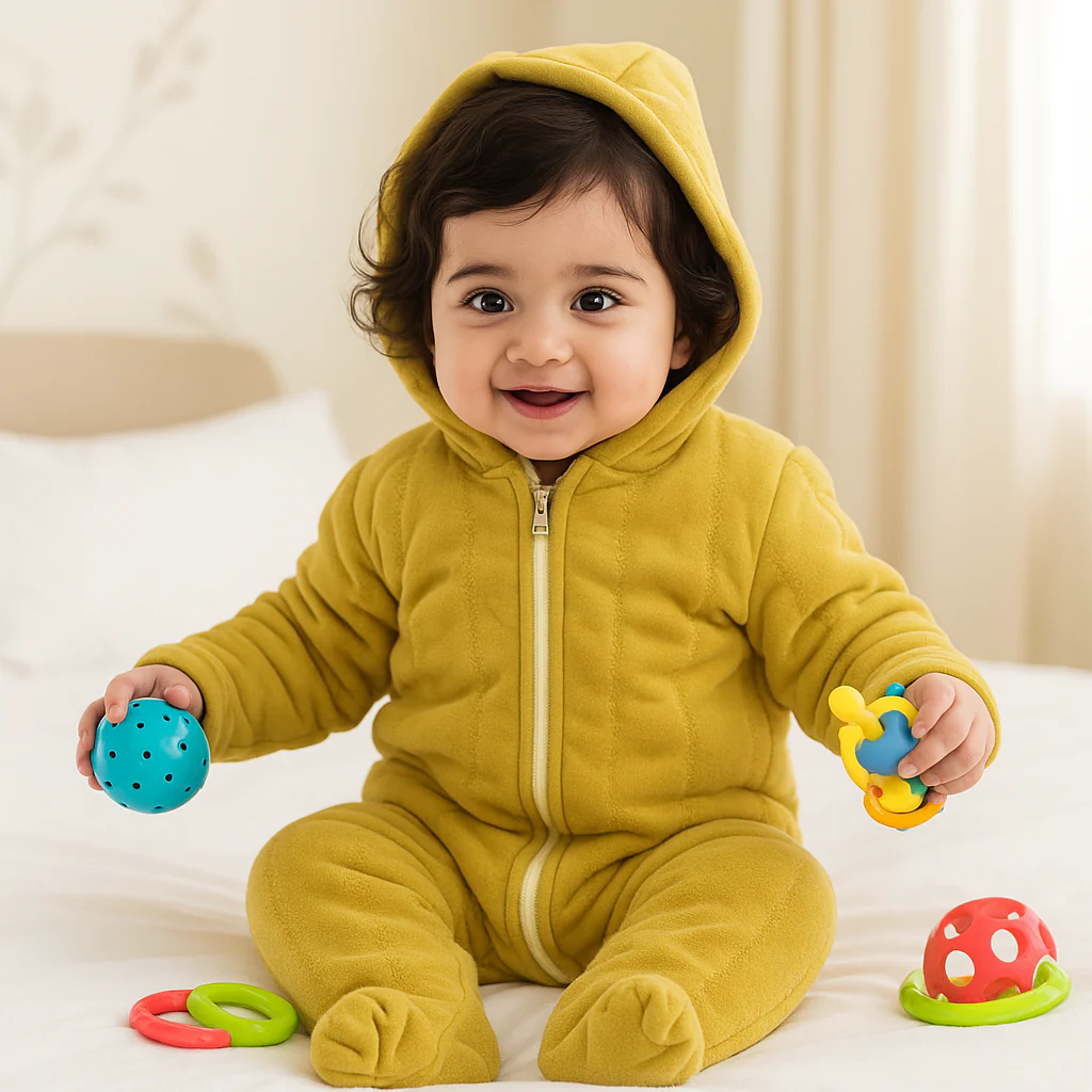 Baby Fleece Hooded Romper Bear Olive Green - Oolaa - Image 2