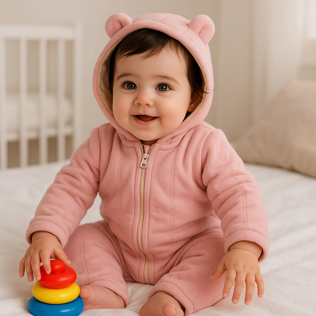 Baby Fleece Hooded Romper Bear Pink - Oolaa - Image 2