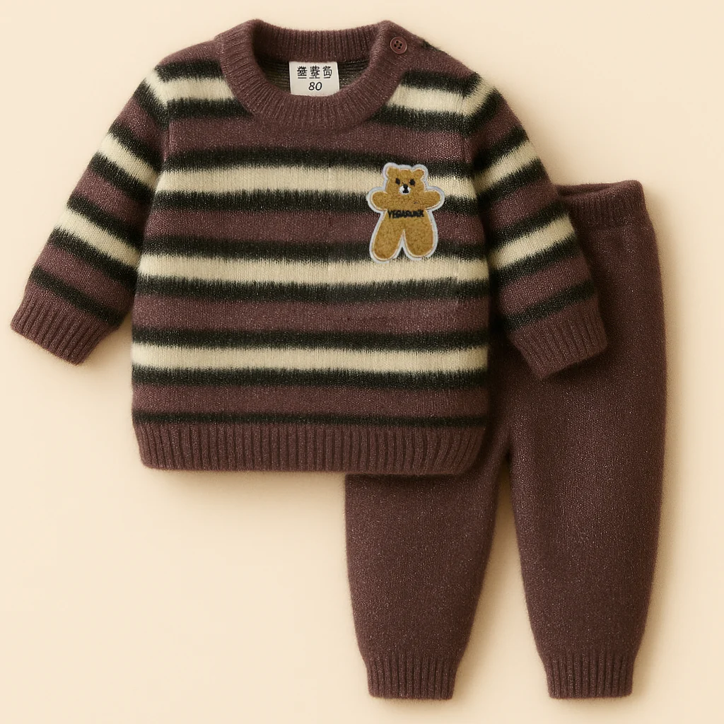 Baby Fleece Pajama Set Bear Stripes Dark Brown - Sunshine