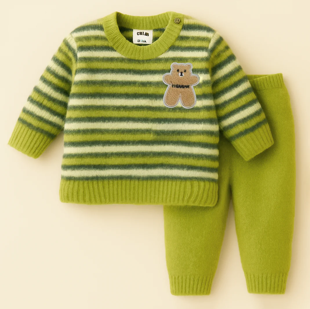 Baby Fleece Pajama Set Bear Stripes Green - Sunshine