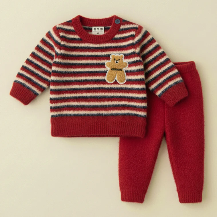 Baby Fleece Pajama Set Bear Stripes Red - Sunshine