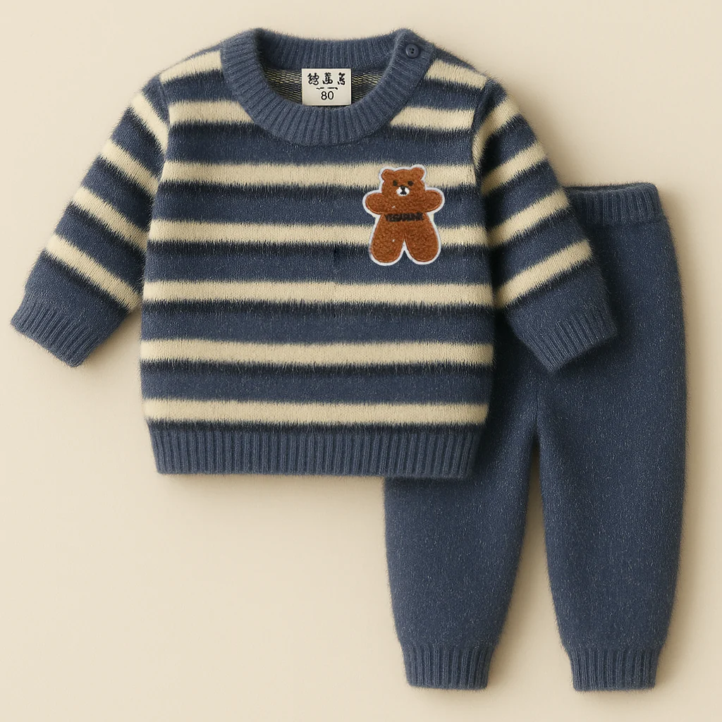 Baby Fleece Pajama Set Bear Stripes Royal Blue - Sunshine