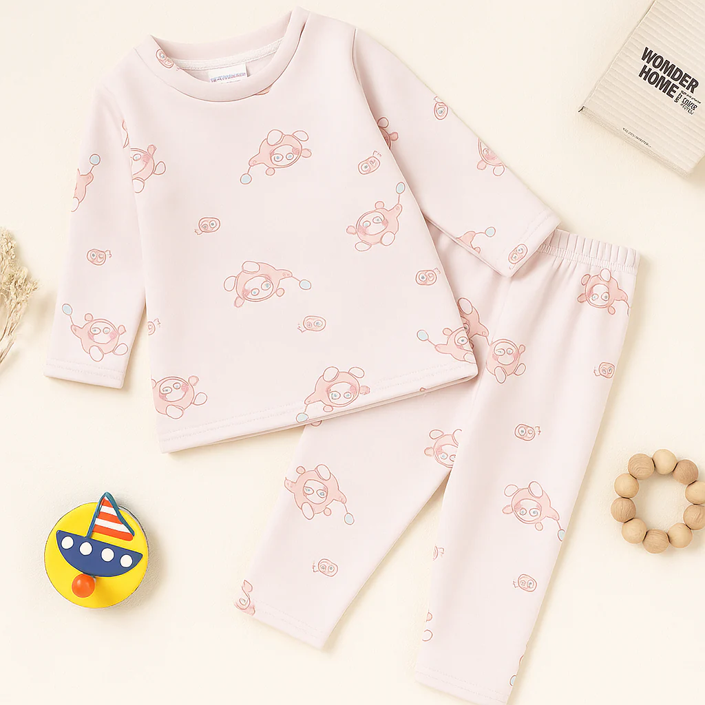 Baby Fleece Pajama Set Cartoon Baby Pink - Sunshine - Image 3