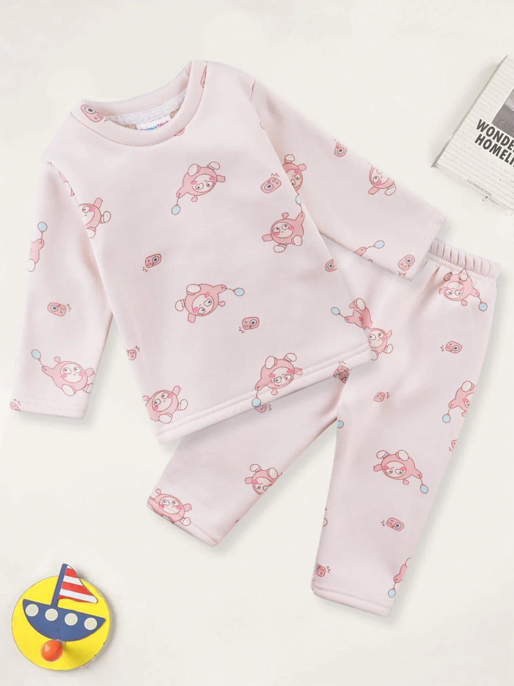 Baby Fleece Pajama Set Cartoon Baby Pink - Sunshine - Image 5
