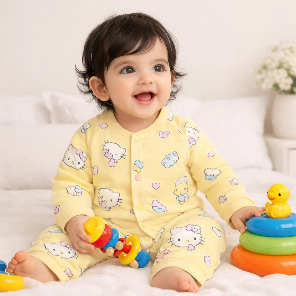 Baby Fleece Romper Bear & Kitty Yellow - Sunshine - Image 2