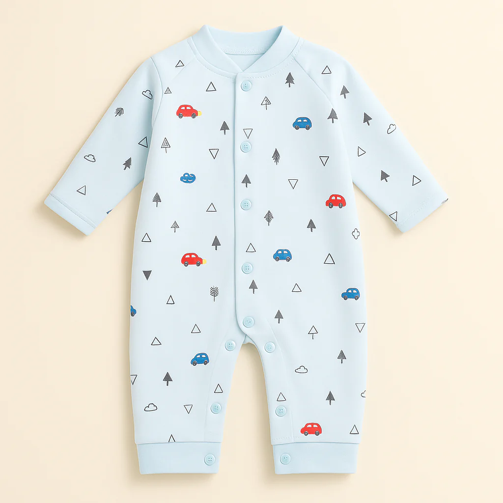 Baby Fleece Romper Cars & Trees Blue - Sunshine