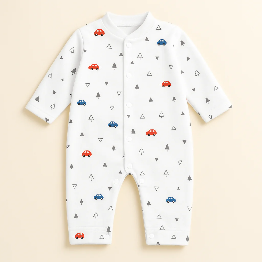 Baby Fleece Romper Cars & Trees White - Sunshine