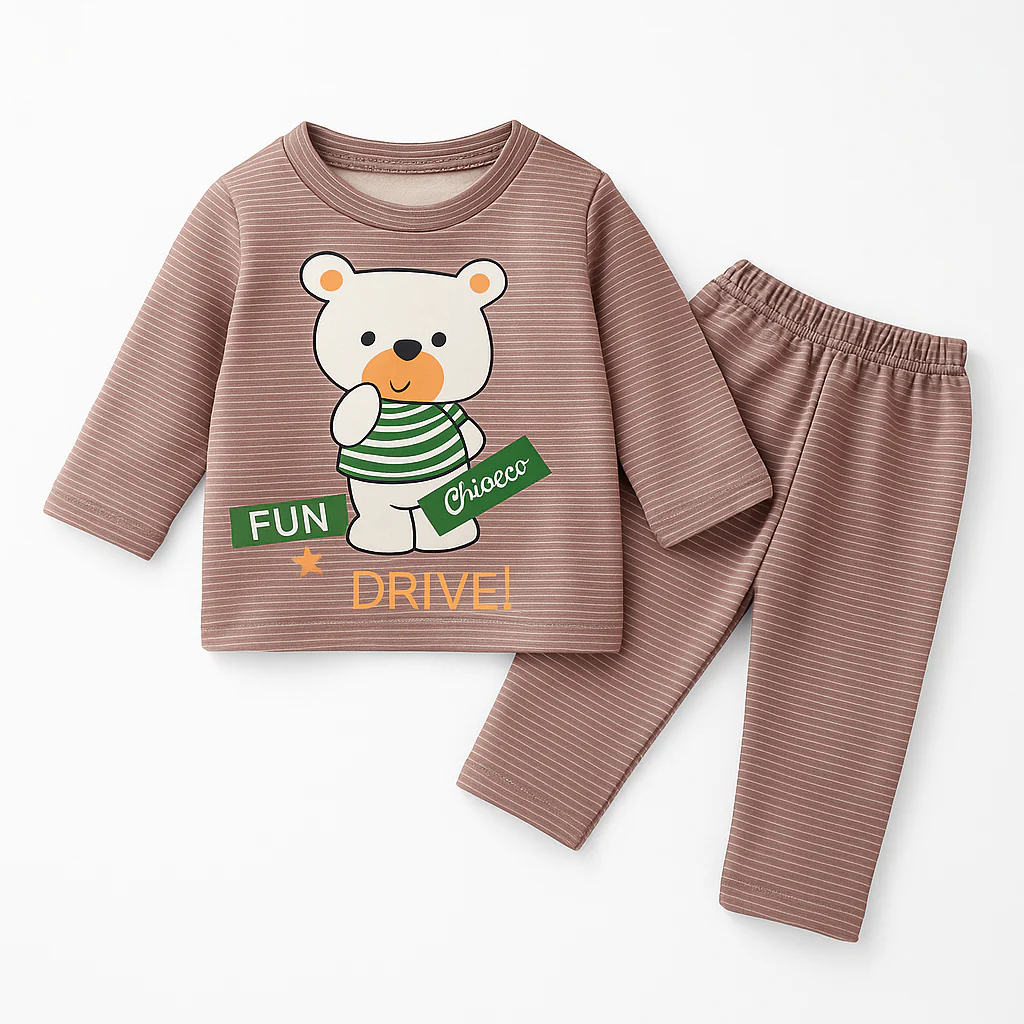 Baby Fleece Shirt & Pajama Set Bear Stripes Brown - Sunshine - Image 2
