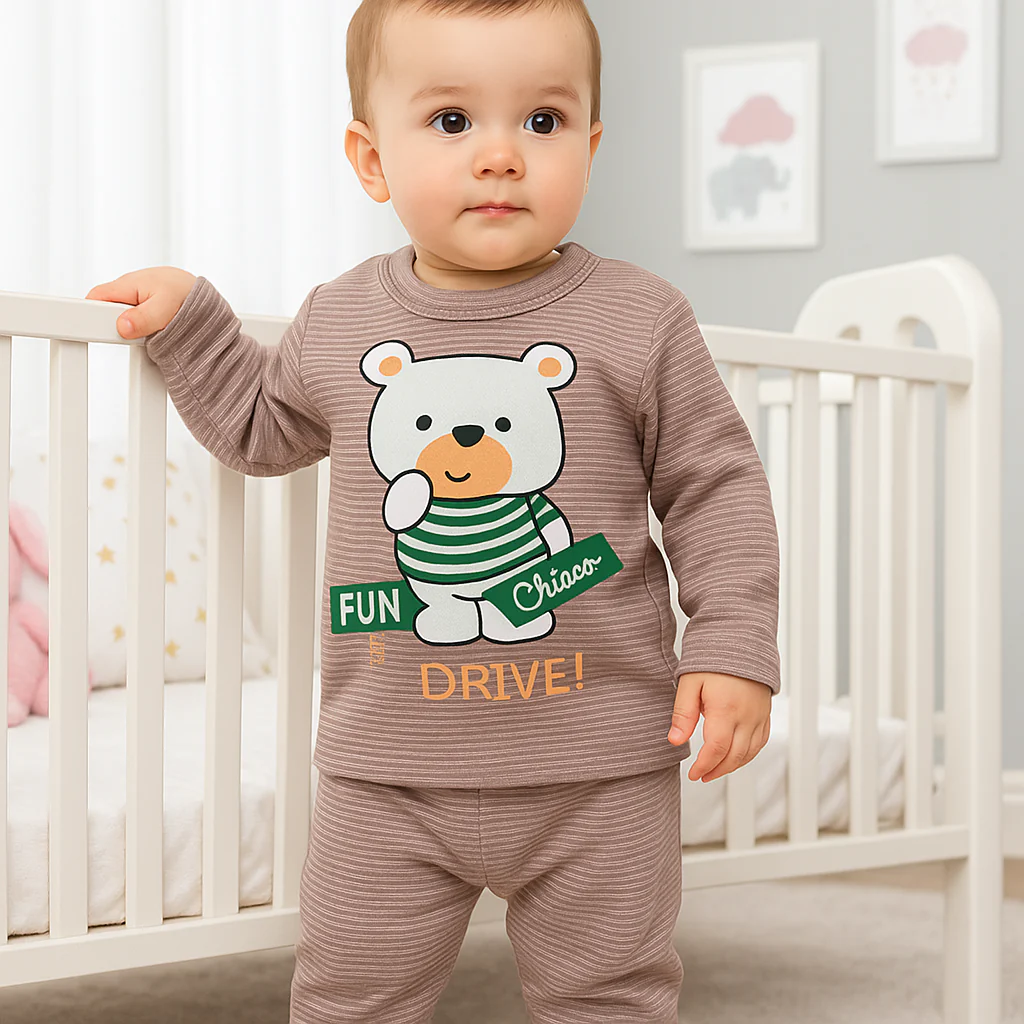 Baby Fleece Shirt & Pajama Set Bear Stripes Brown - Sunshine - Image 3