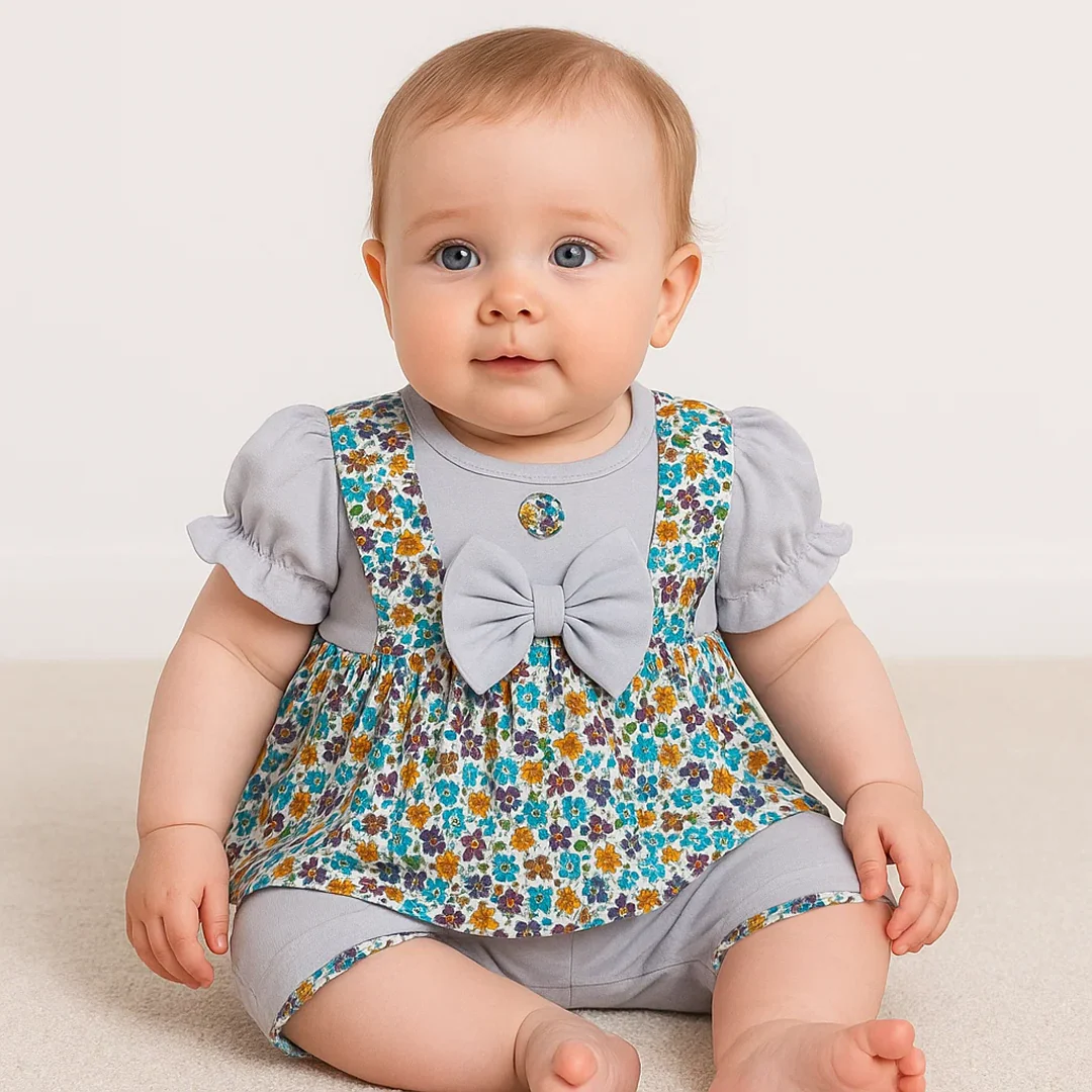 Baby Frock & Short Set Flowers Grey - Sunshine