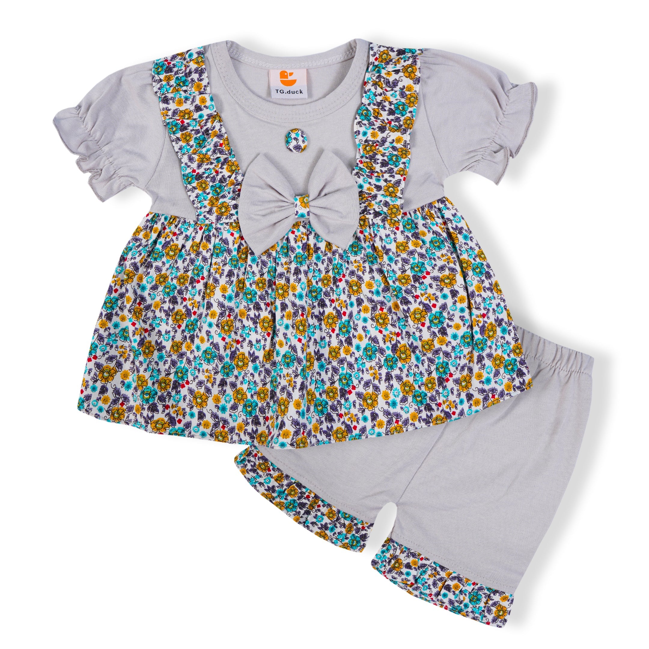Baby Frock & Short Set Flowers Grey - Sunshine - Image 3