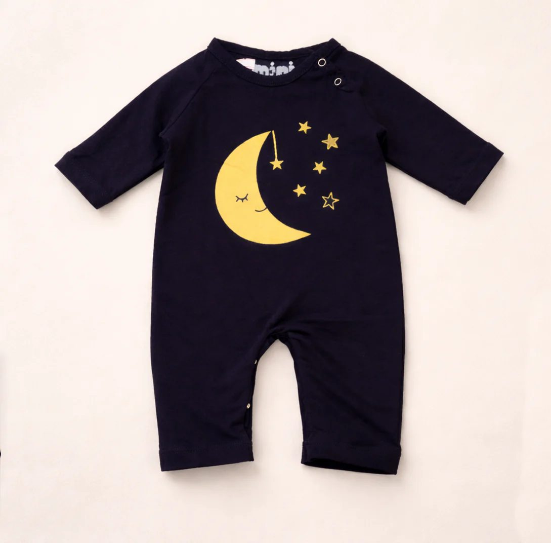 Baby Full-Body Printed Cotton Romper Moon & Stars Navy Blue - Mini Charm