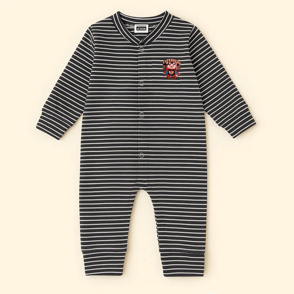 Baby Full-Body Printed Cotton Romper Stripes Black - Sunshine