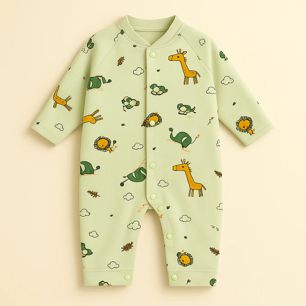 Baby Full Sleeves Fleece Romper Animals Green - Sunshine