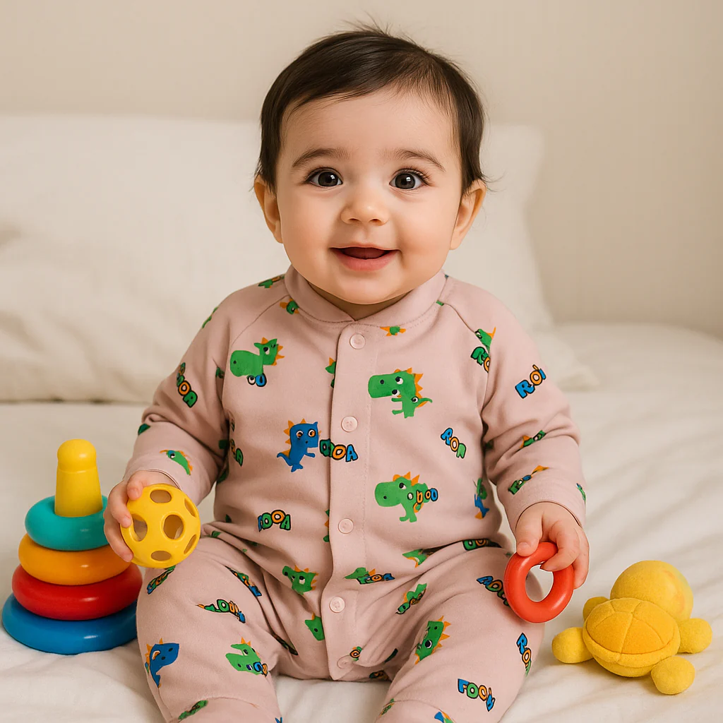 Baby Full Sleeves Fleece Romper Dinosaurs Beige - Sunshine - Image 2