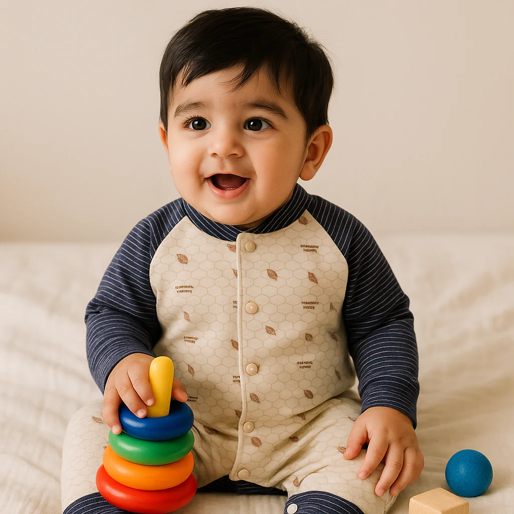 Baby Full Sleeves Fleece Romper Leaves Blue - Sunshine - Image 2
