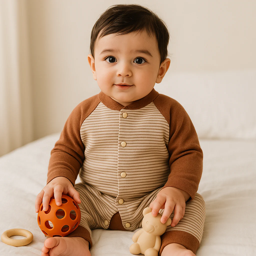 Baby Full Sleeves Fleece Romper Stripes Brown - Sunshine - Image 2