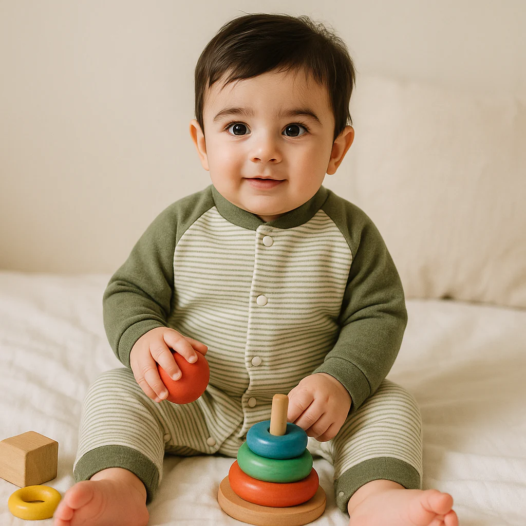 Baby Full Sleeves Fleece Romper Stripes Green - Sunshine - Image 2