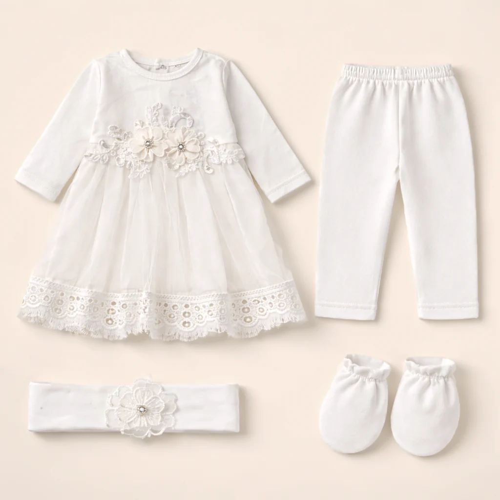 Baby Girl 5Pcs Frock Set White (0-6 Months) - Sunshine