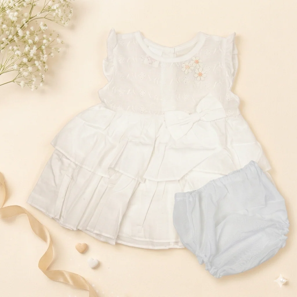 Baby Girl Frock Set Flower & Bow White - Sunshine