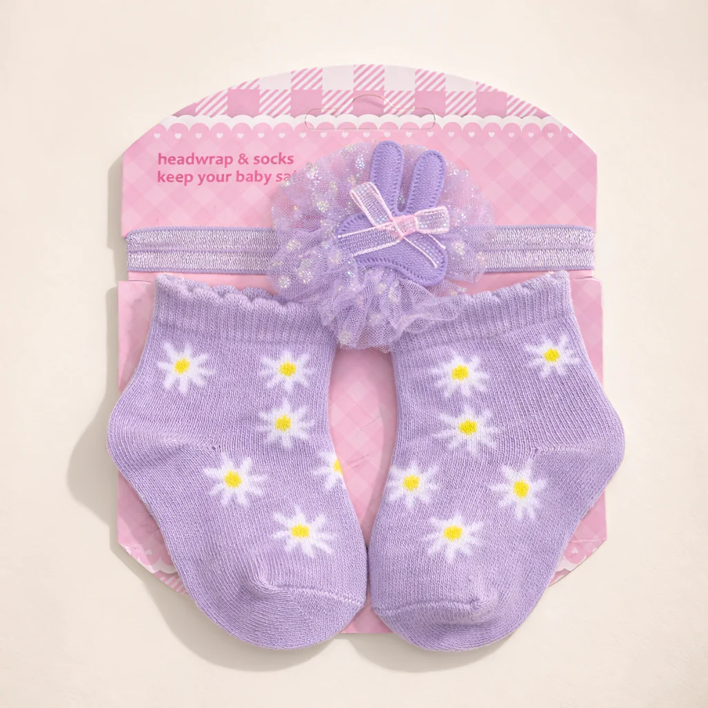 Baby Girl Headband & Sock Set Flowers Purple - Topse