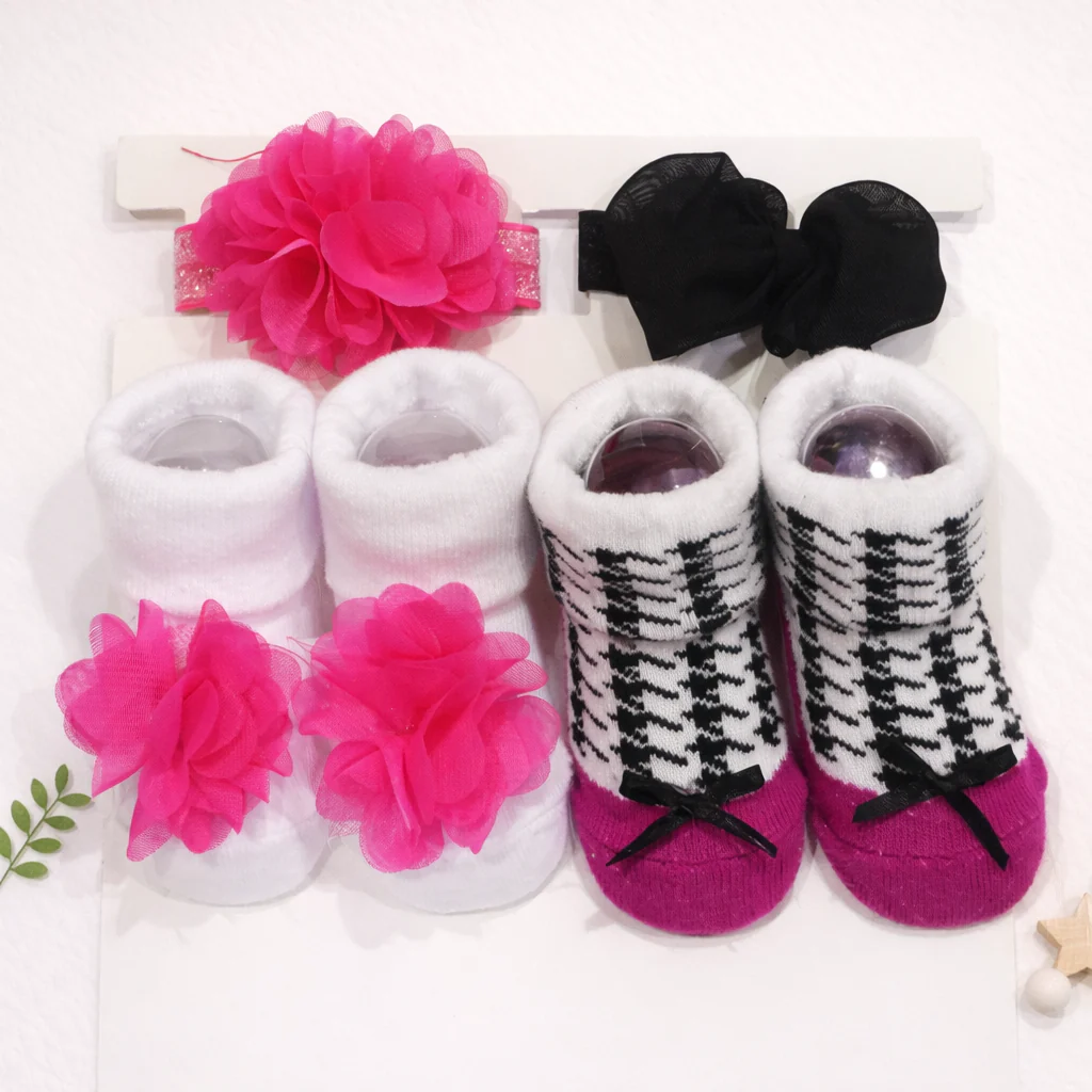 Baby Headband & Socks 4Pcs Set Black & Pink - Sunshine
