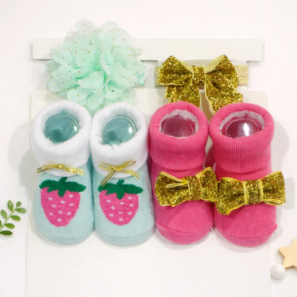 Baby Headband & Socks 4Pcs Set Green & Pink - Sunshine