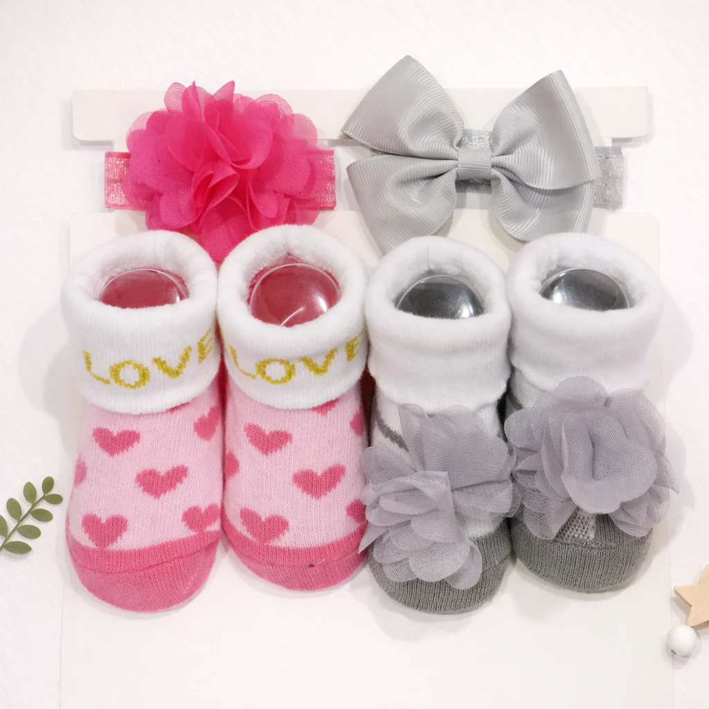 Baby Headband & Socks 4Pcs Set Grey & Pink - Sunshine