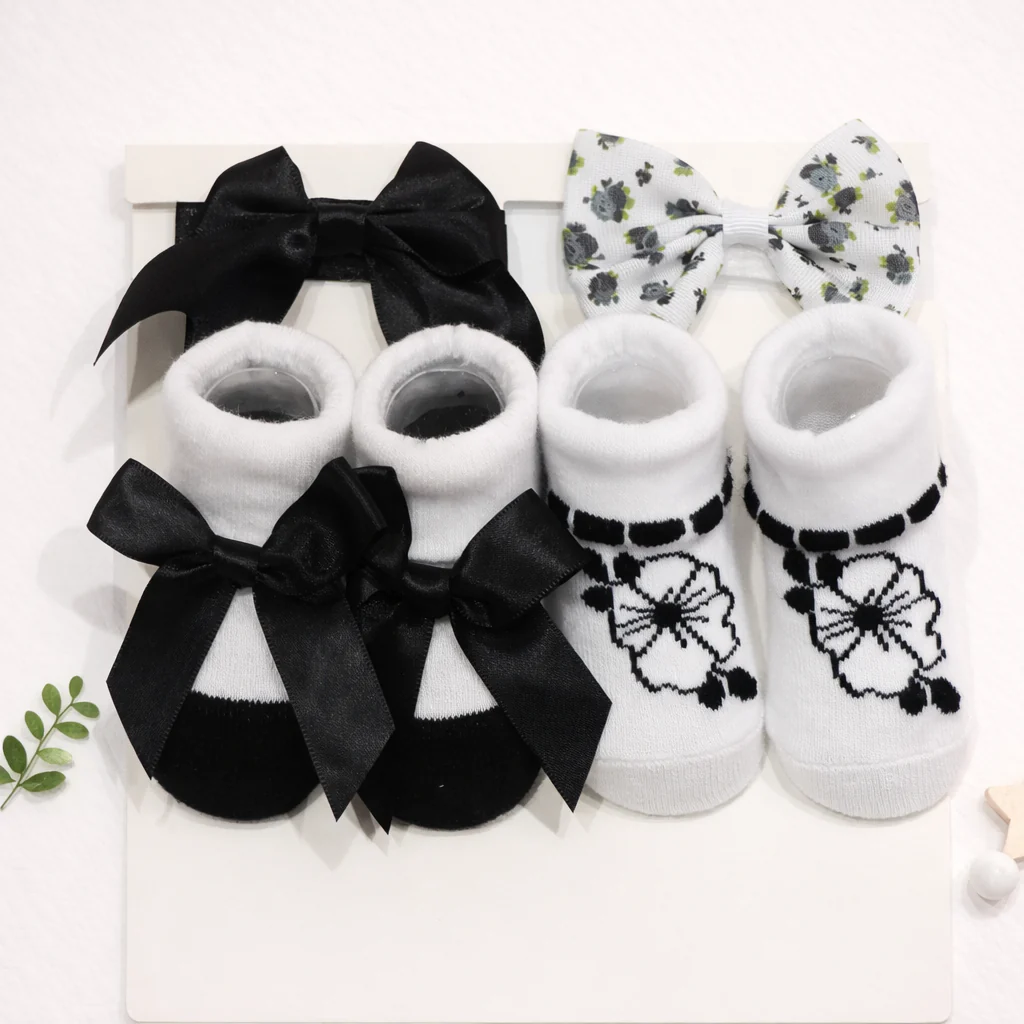 Baby Headband & Socks 4Pcs Set White & Black - Sunshine