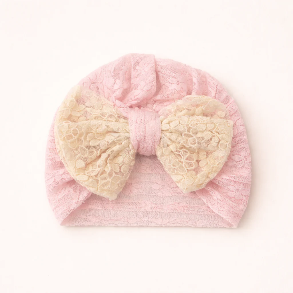 Baby Girls Knitted Turban Cap Bow Pink & Off White - Sunshine