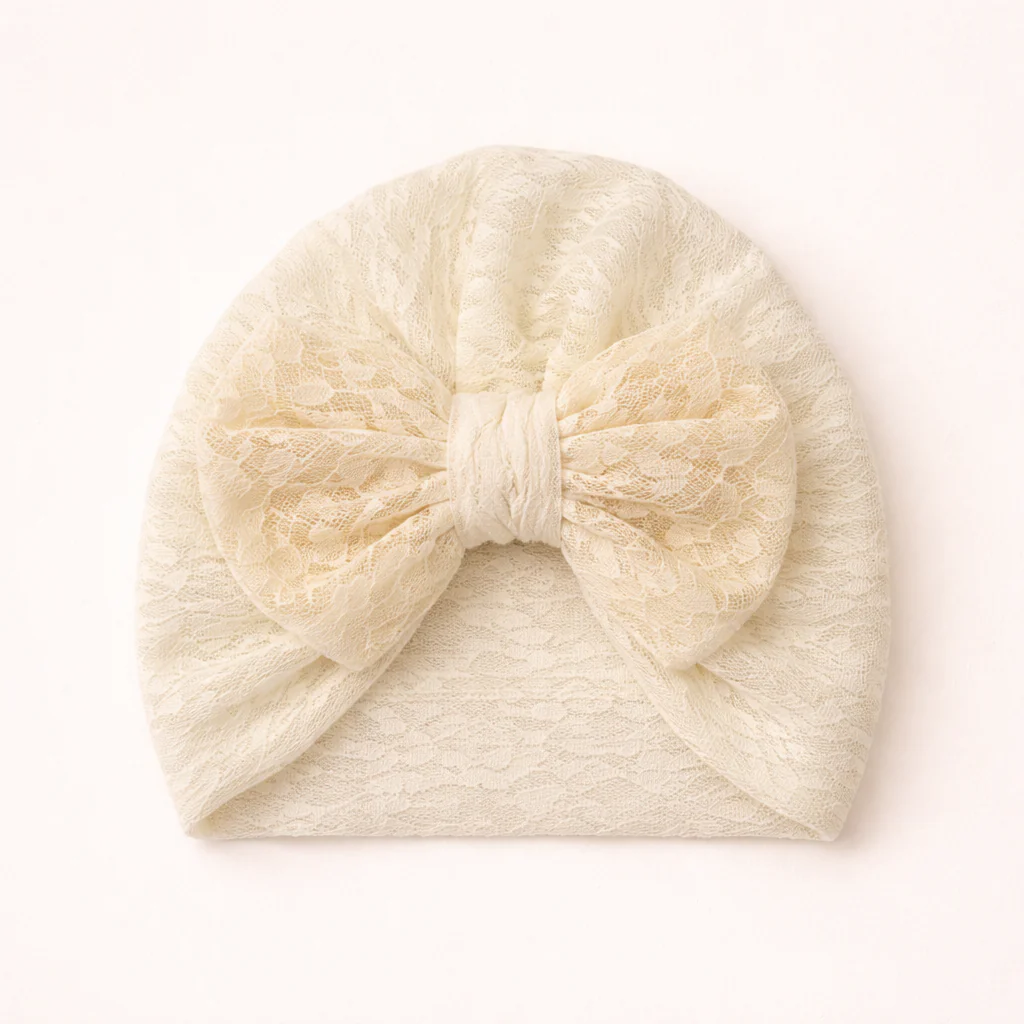 Baby Girls Knitted Turban Cap Bow White & Off White - Sunshine