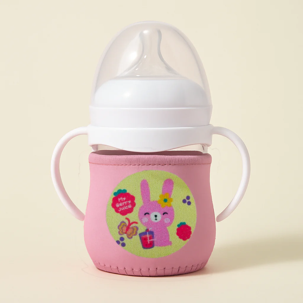 Baby Glass Feeding Bottle With Protective Sleeve Bunny Pink 120Ml - Sunshine