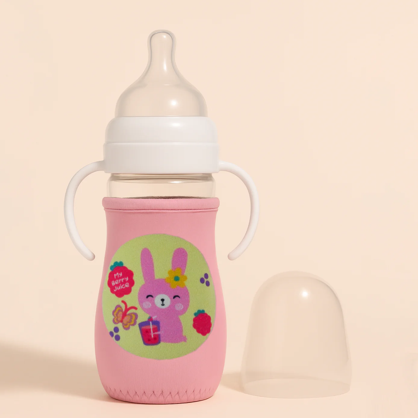 Baby Glass Feeding Bottle With Protective Sleeve Bunny Pink 240Ml - Sunshine - Image 2