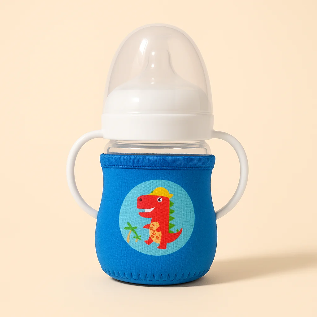 Baby Glass Feeding Bottle With Protective Sleeve Dino Blue 120Ml - Sunshine
