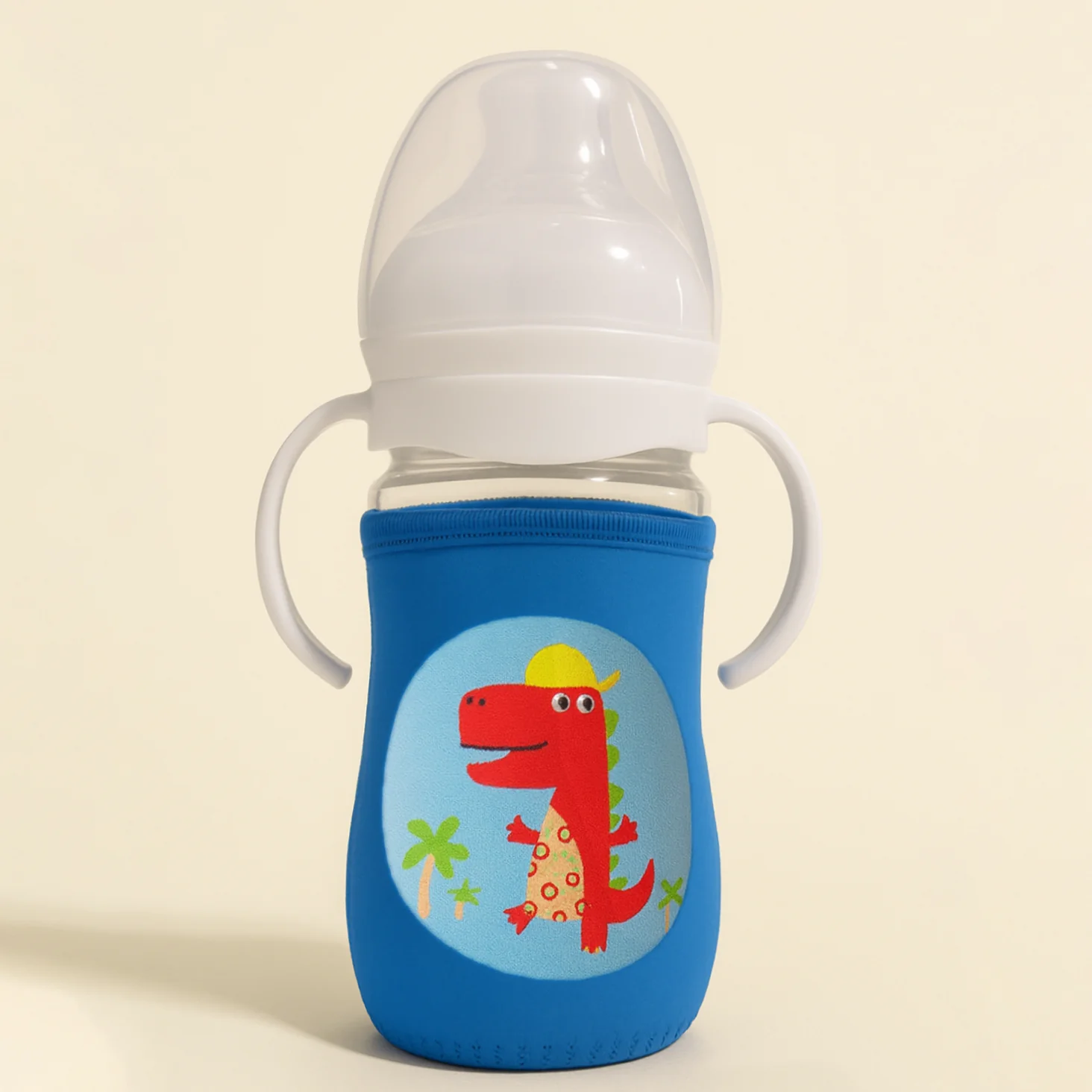 Baby Glass Feeding Bottle With Protective Sleeve Dino Blue 240Ml - Sunshine