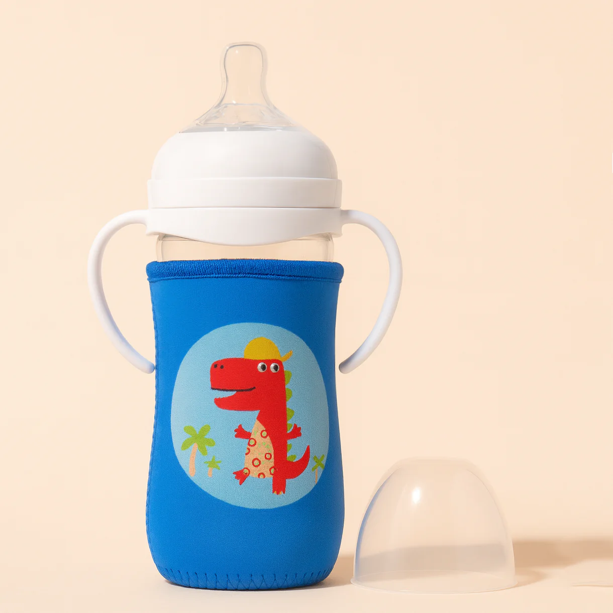 Baby Glass Feeding Bottle With Protective Sleeve Dino Blue 240Ml - Sunshine - Image 2