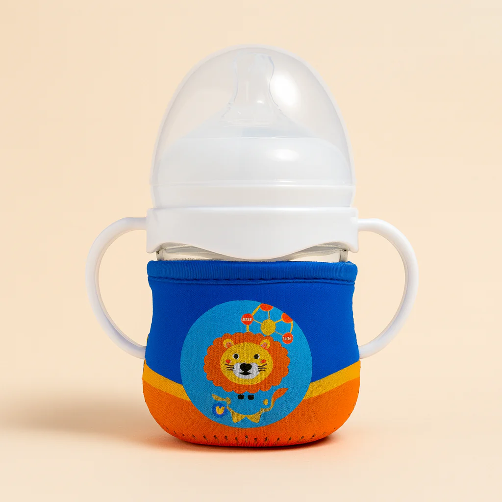 Baby Glass Feeding Bottle With Protective Sleeve Lion Blue 120Ml - Sunshine