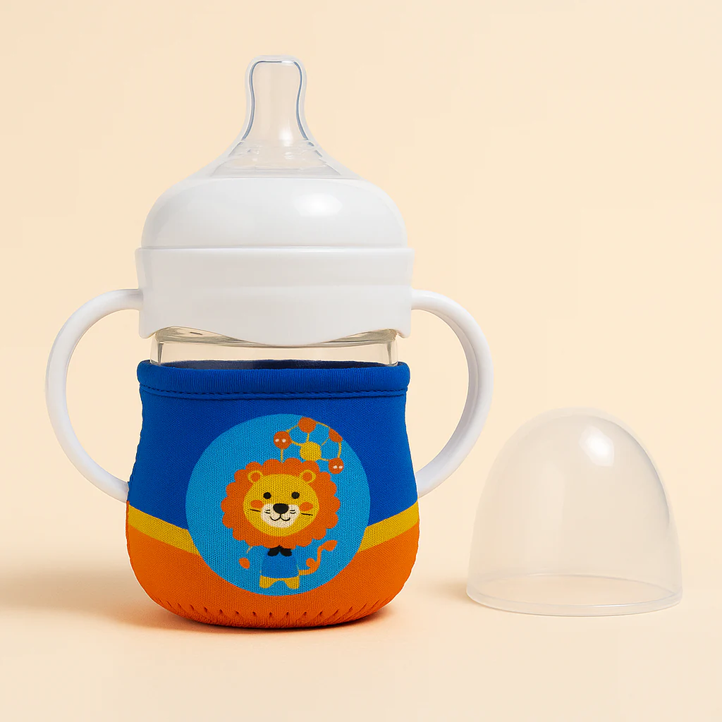 Baby Glass Feeding Bottle With Protective Sleeve Lion Blue 120Ml - Sunshine - Image 2