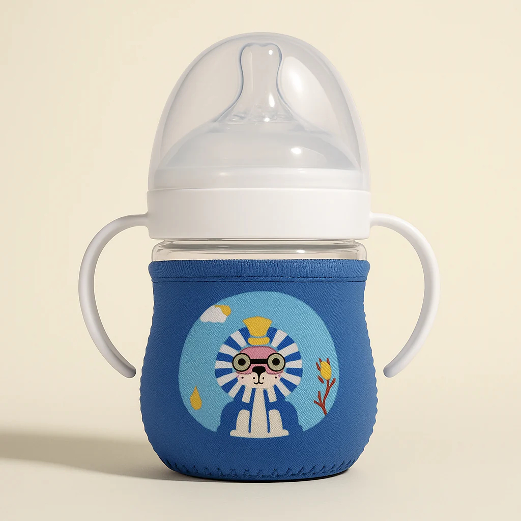 Baby Glass Feeding Bottle With Protective Sleeve Owl Blue 120Ml - Sunshine