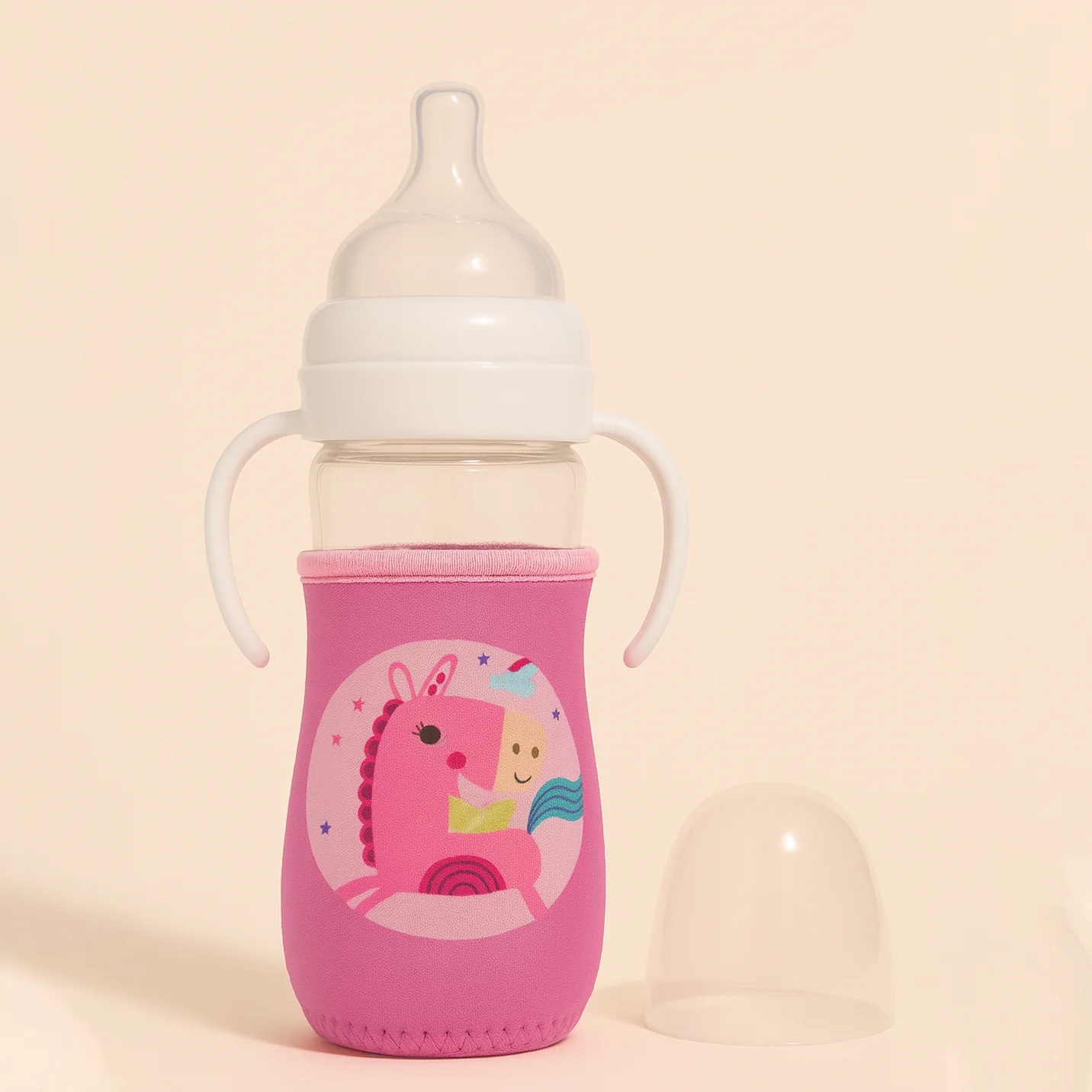 Baby Glass Feeding Bottle With Protective Sleeve Unicorn Pink 240Ml - Sunshine