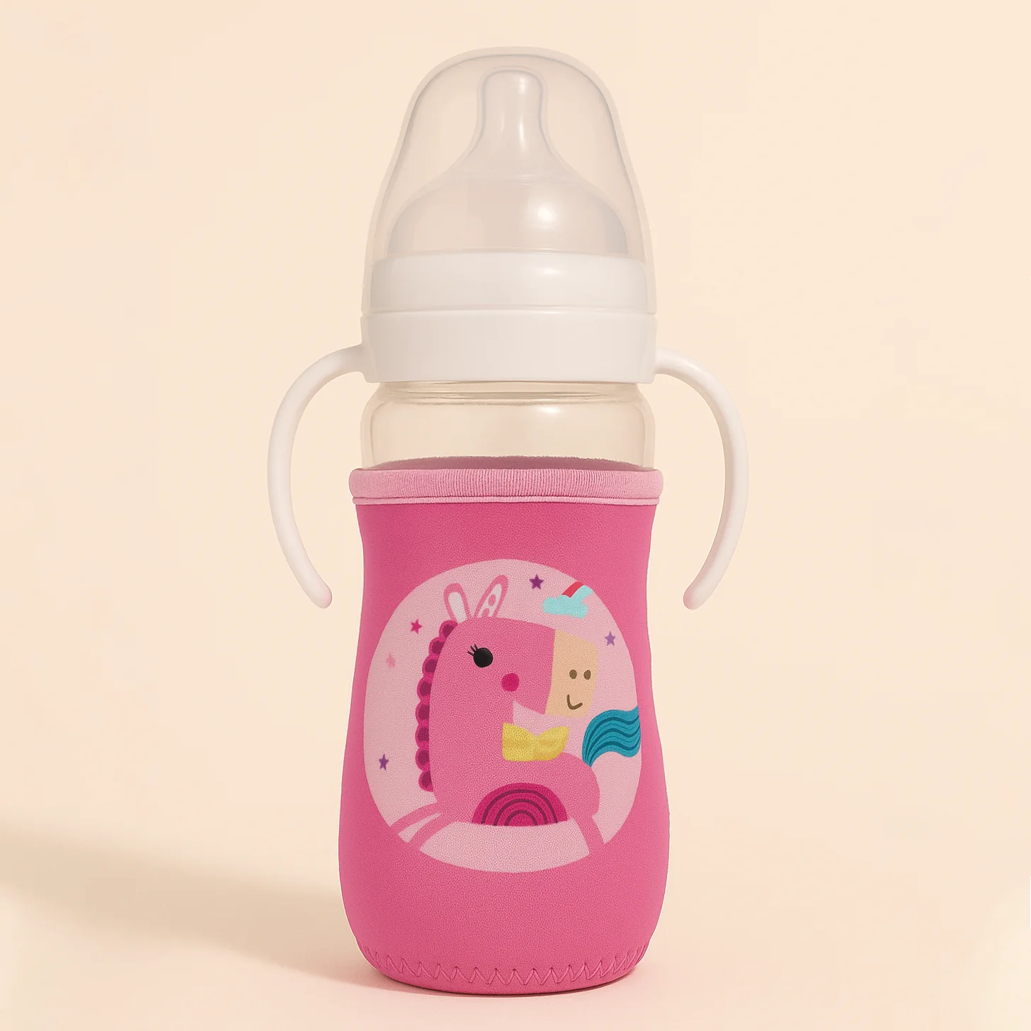 Baby Glass Feeding Bottle With Protective Sleeve Unicorn Pink 240Ml - Sunshine - Image 2